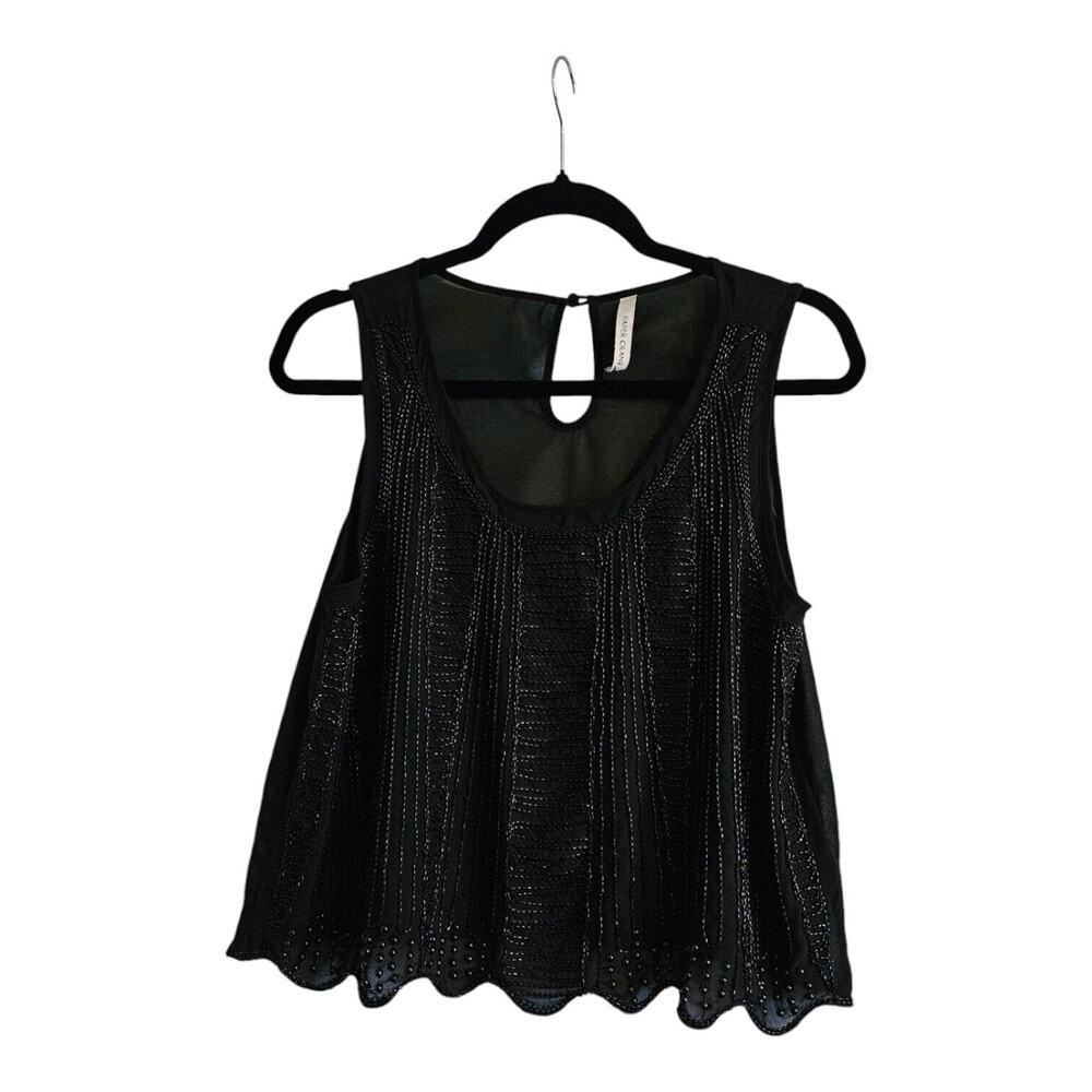 Paper Crane Womens Beaded Cropped Tank Sheer Back Scalloped Hem Size M Black